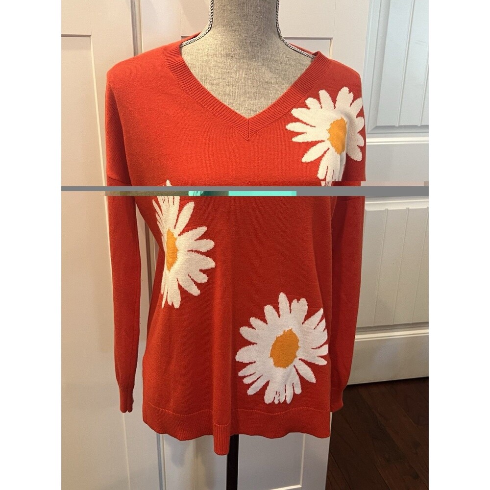 Laurie Felt Orange Daisy Sweater XS Kashmir Blend V-Neck Floral Knit Top